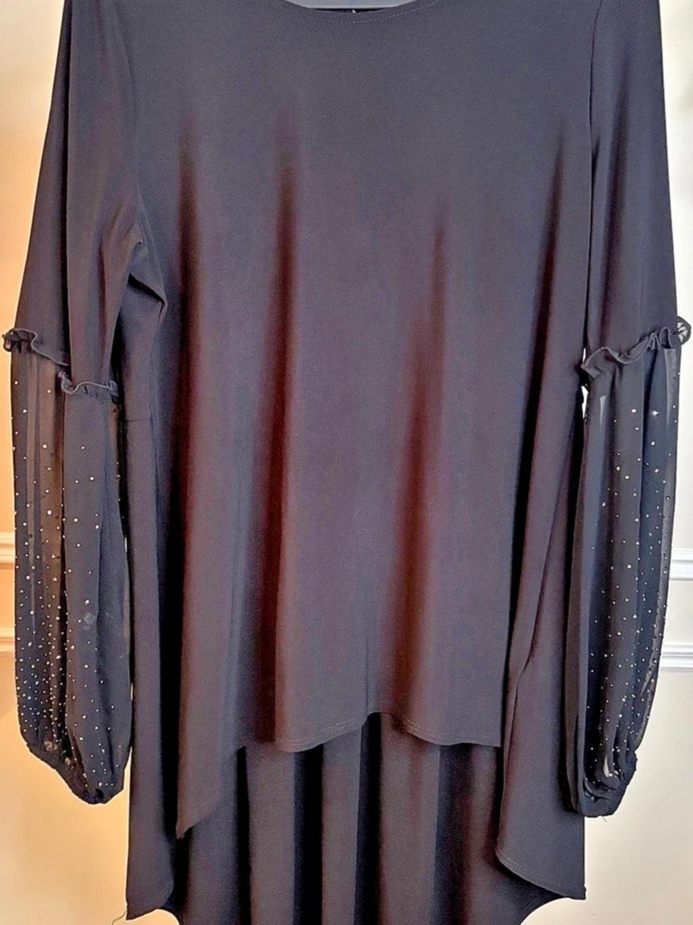 Tunic Top Featuring Sheer, Crystal-Embellished Sleeves and Asymmetric Handkerchi